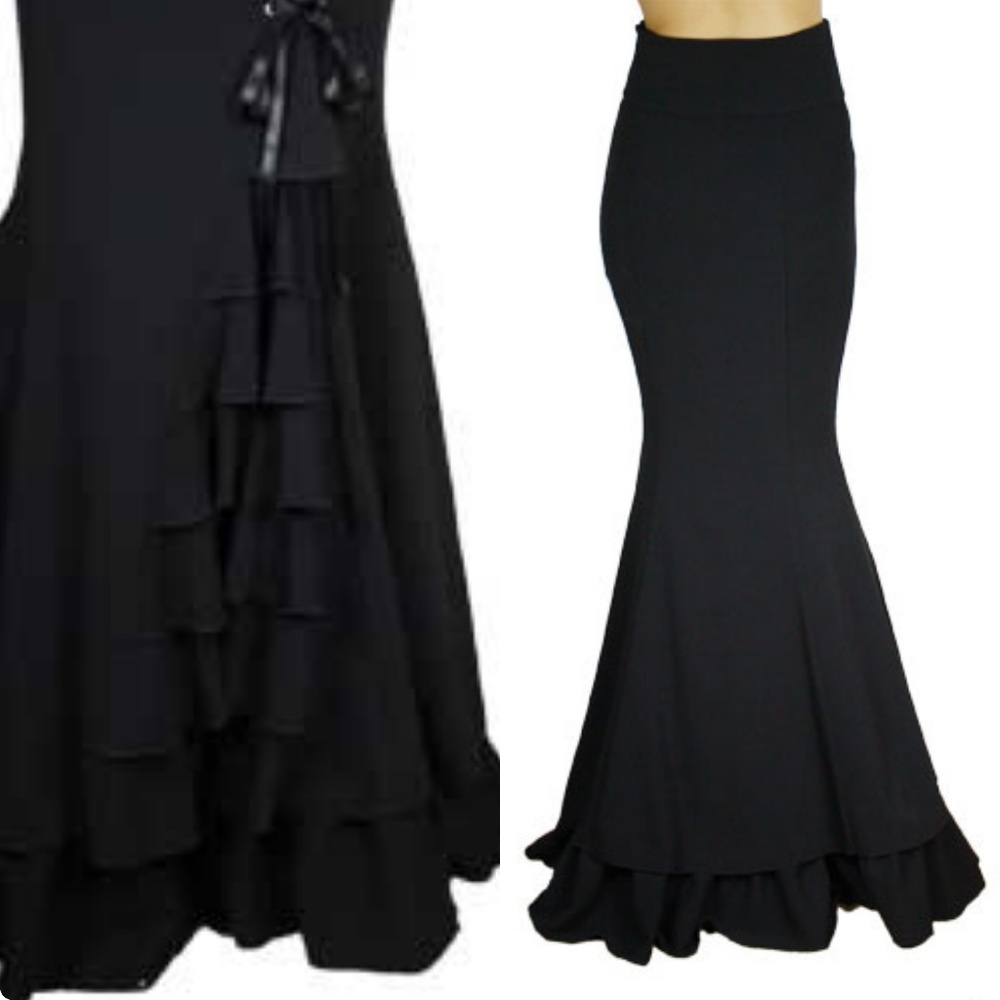 Steampunk Gothic Lace Up Ruffle Long Skirt - Picture 4 of 6